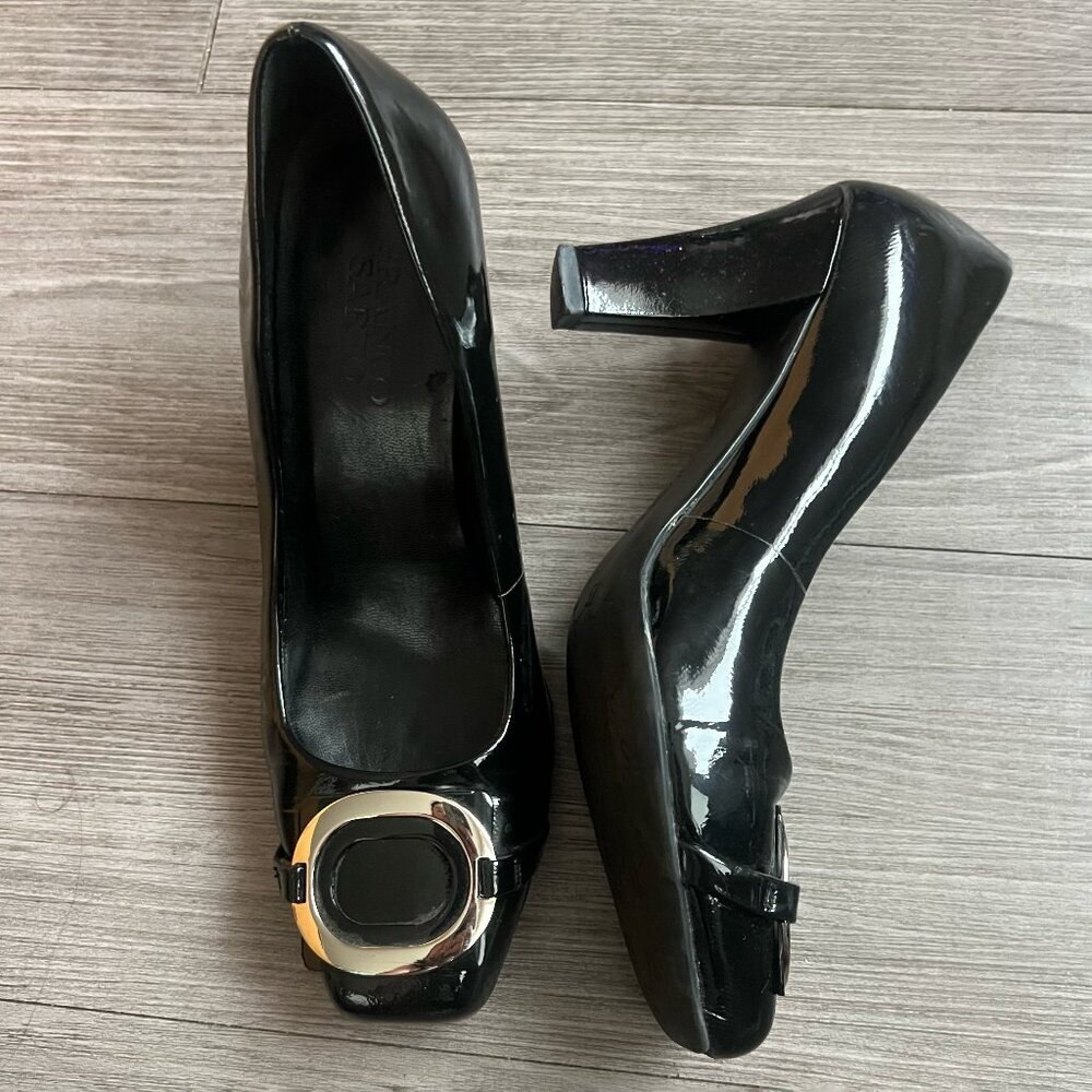 Y2K Franco Sarto Black Patent Leather Pumps Silver Buckle Square Toe Size W6.5